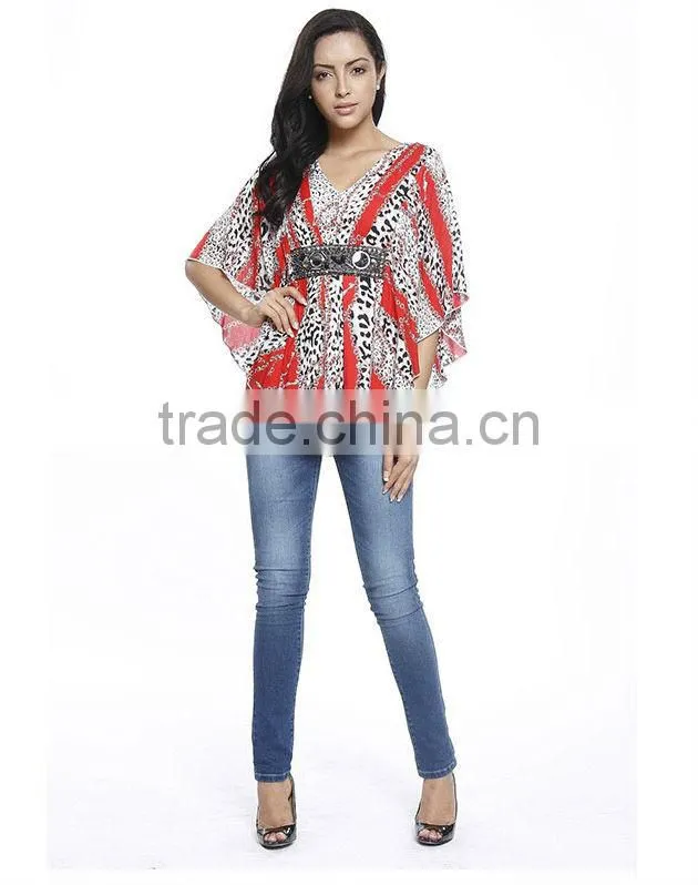 Women V Neck Printed Loose Bat Sleeve Chiffon Blouse