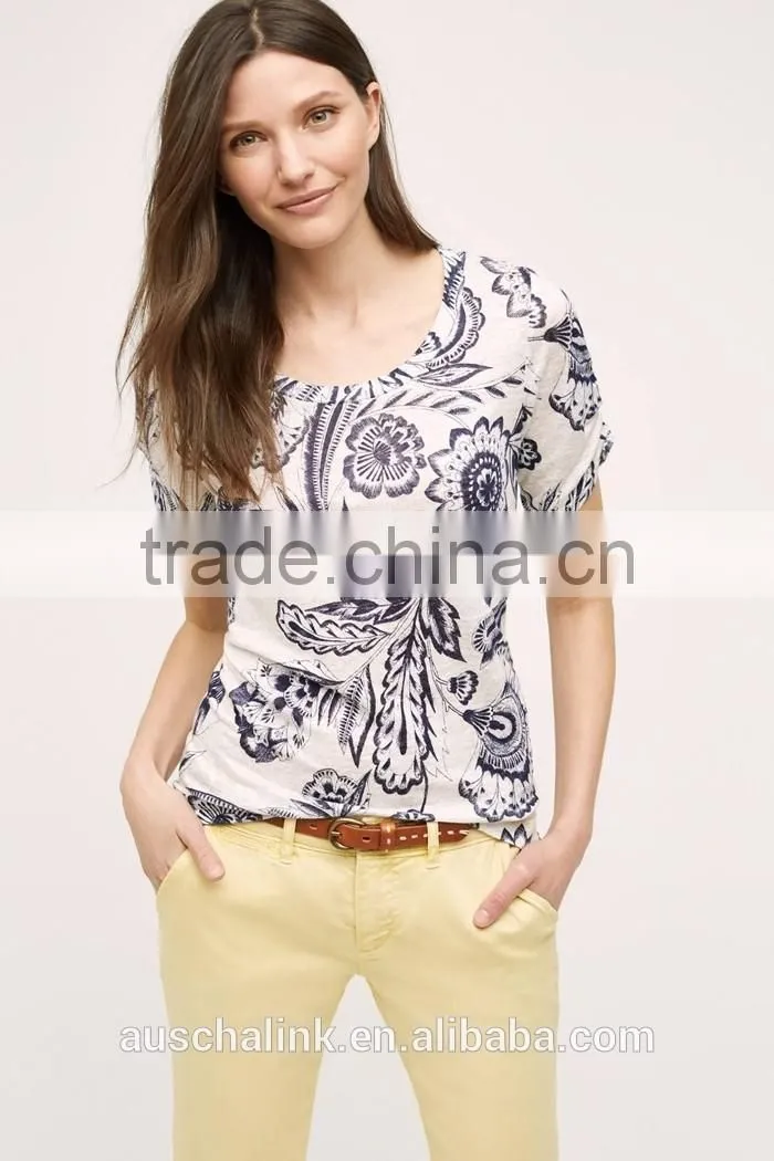 OEM lady new pattern floral print linen t shirt customized