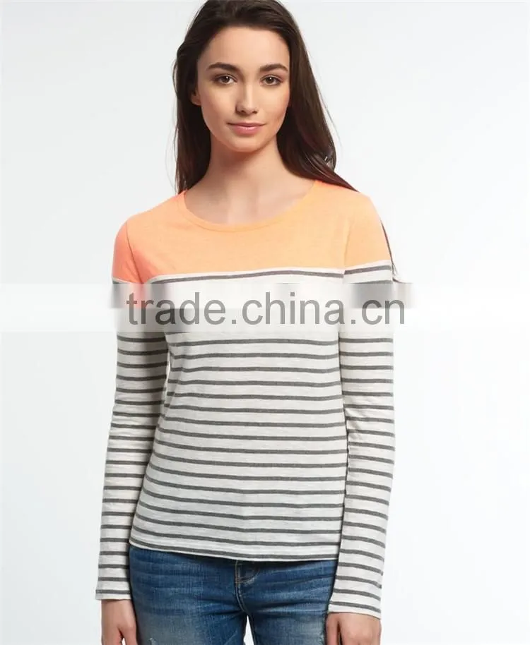 2016 Guangzhou Shandao High Fashion Design Autumn Long sleeve Round Neck Striped Printed Cotton Ladies Elastic Hem Tops