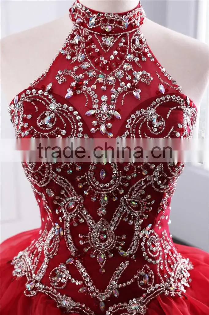 2018 Dramatic Quinceanera Dress Neck line Beaded Appliques Red Organza quinceanera gowns ED025201