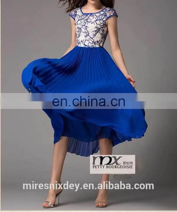 Women Emboridery Chiffon Dress with Short Sleeve