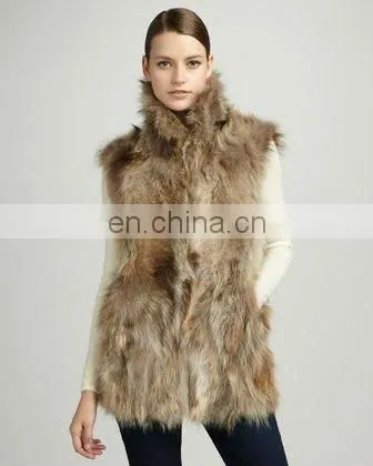 2015 women fashion Long Raccoon Dog Fur Vest, Natural