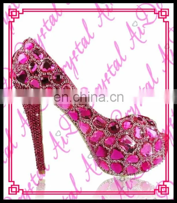 Aidocrystal pure fuchsia crystal lady high heel bridal fancy sandal women summer high heel shoes size 34