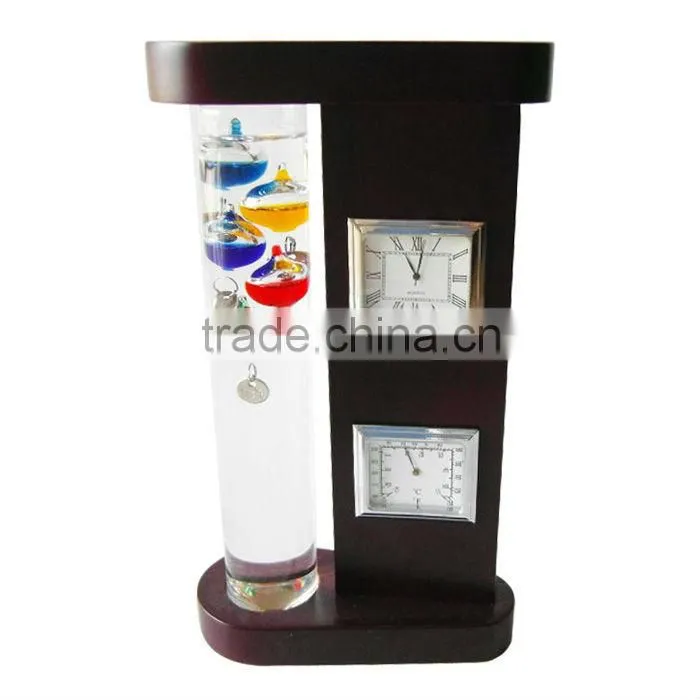 Galileo thermometer weather station; wooden weather station; traditional dial weather station