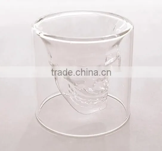 different capacity high borosilicate double wall glass skull cup for sale
