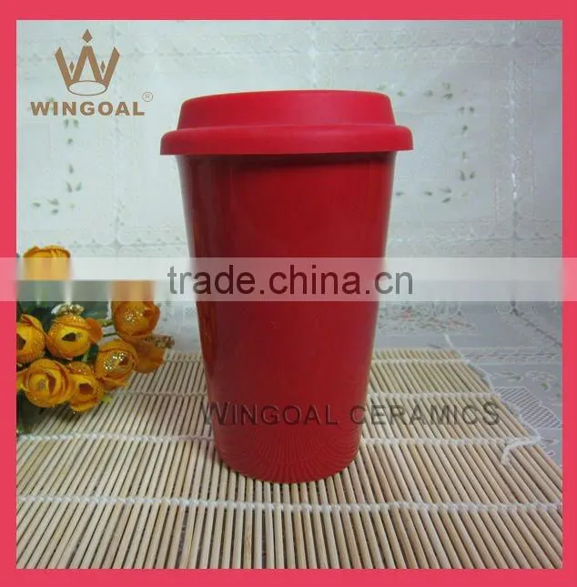WG398 ceramic double wall travel mug with silicone lid,colorful ceramic mug