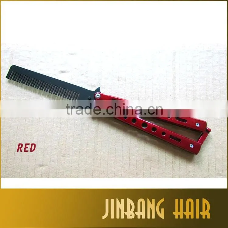 new design wholesales blue stainless steel knife comb mental practice training butterfly balisong style comb
