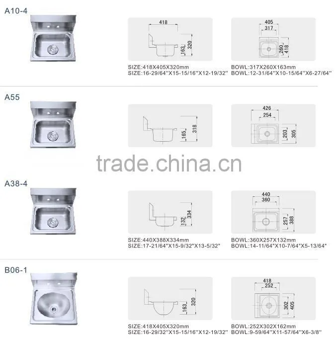 Stainless Steel Wall Hung Commercial Hand Washing Sink with Backsplash and Tap hole for Public Use