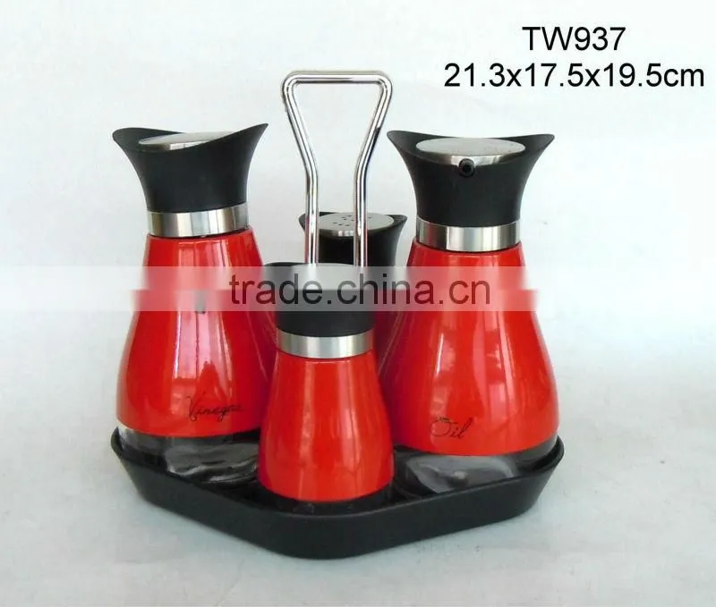 TW1039 4pcs glass oil vinegar salt pepper set with metal casing and rack