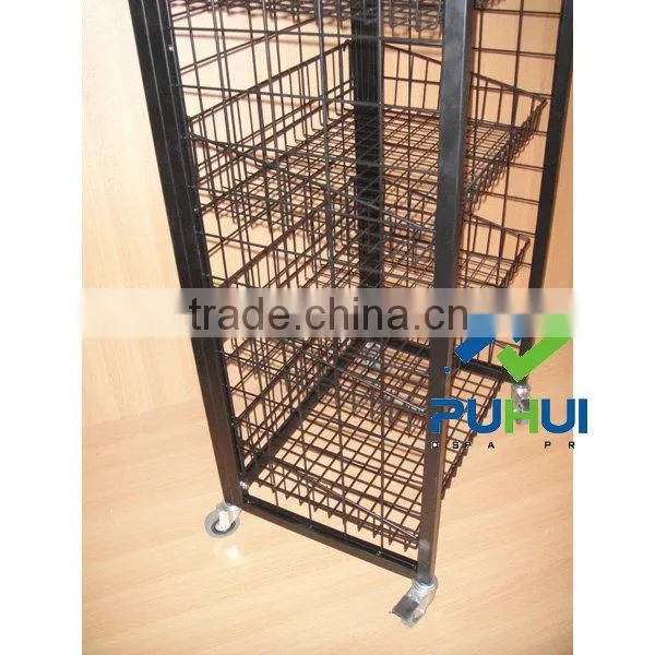 mobile metal wire universal floor display shelf with strong capability