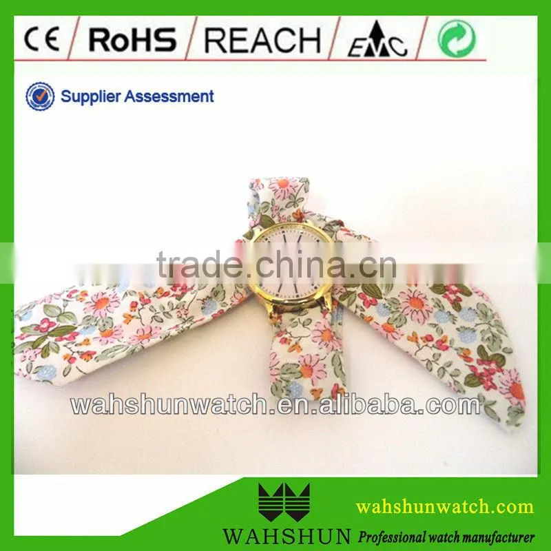 golden case flower shape straps ladies fabric watch