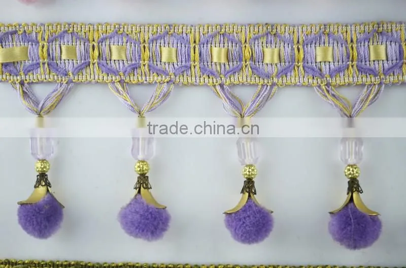 hot pom pom curtain tassel fringe trimming,fancy pom pom tassel fringe