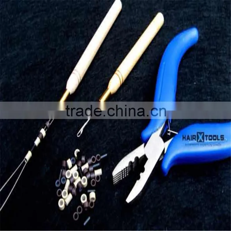 Fashion 12 Pcs Hair Extension Hook Pulling Tool Needle Threader Micro Rings Beads Loop Wooden Handle With Iron Wire Hotting