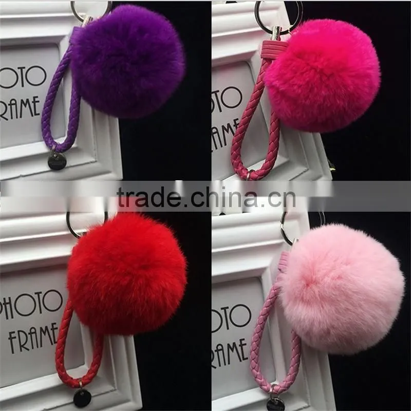 2017 new trinket Keychain pompons rabbit fur fluffy Pom Pom key chains for cars keyrings