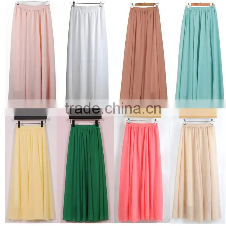 Latest fashion new women sexy plain color high waist chiffon maxi skirt