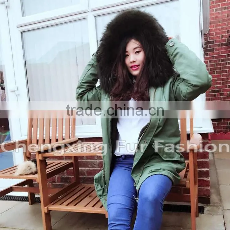 CX-G-P-07B Real Rex Rabbit Lining Raccoon Fur Collar Wholesale Winter Fur Parka