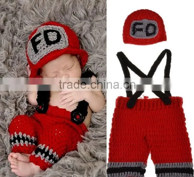 Newborn Baby Firefighter Fireman Red Hat Outfit, 2 pc Red Pant Set w/Suspenders, Photography Prop