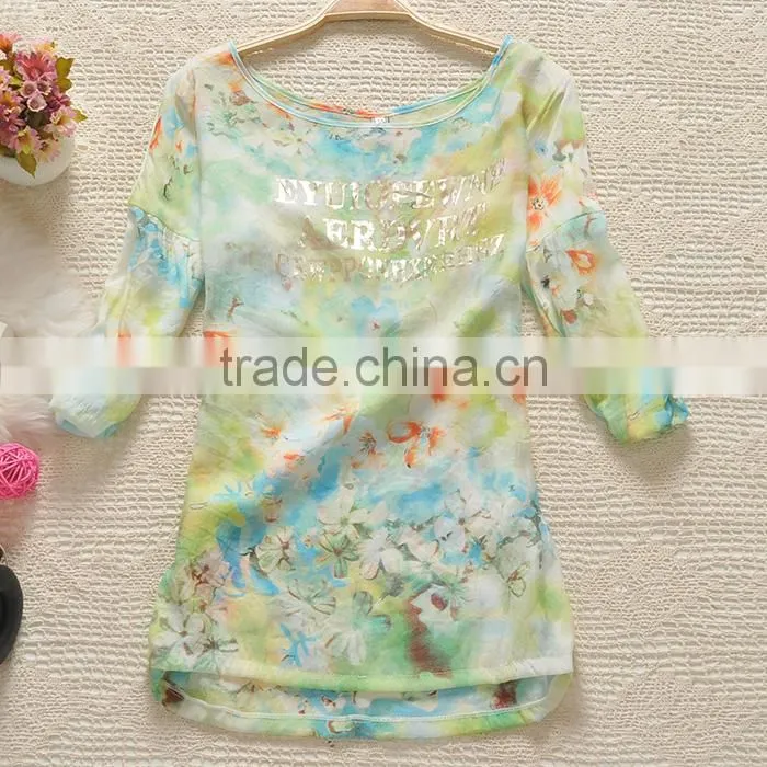 Simple style chiffin wihte V neck no collar 7 sleeve women casual bouse