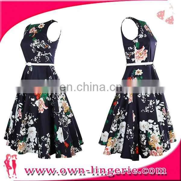 Vintage Tea Dress With Belt Wholesale Western Women Clothing Girls Skater Dress swing Vintage Dress with belt