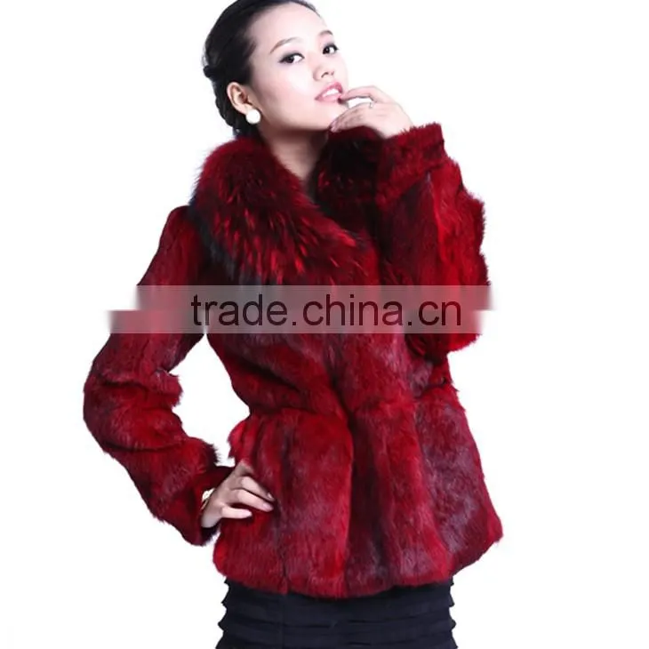 QD5728 Hot Selling Colorful Rabbit fur Coat With Raccoon Collar For Wholesale