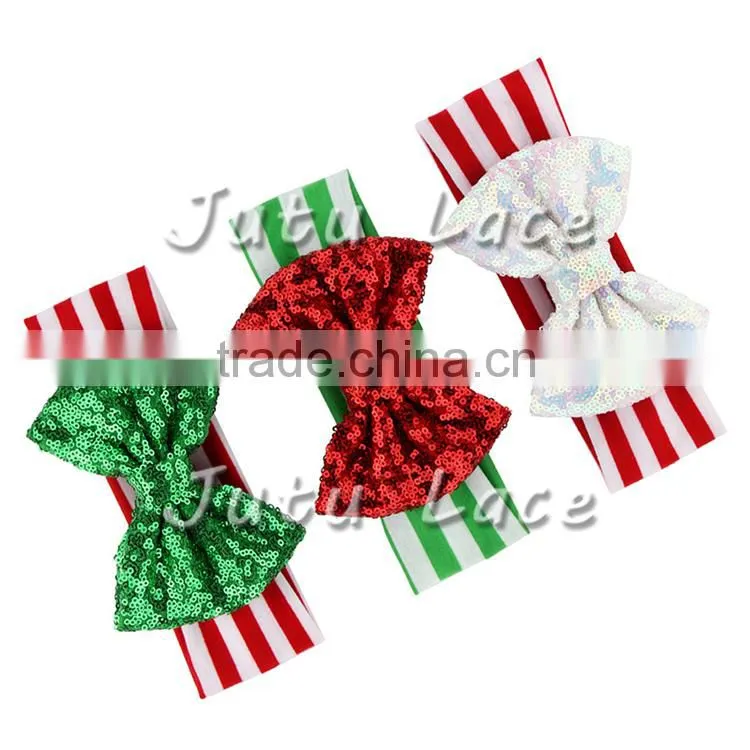 Christmas sequin fabric big red hair bows, high quality decorative green bowknot for baby girls hair headbands