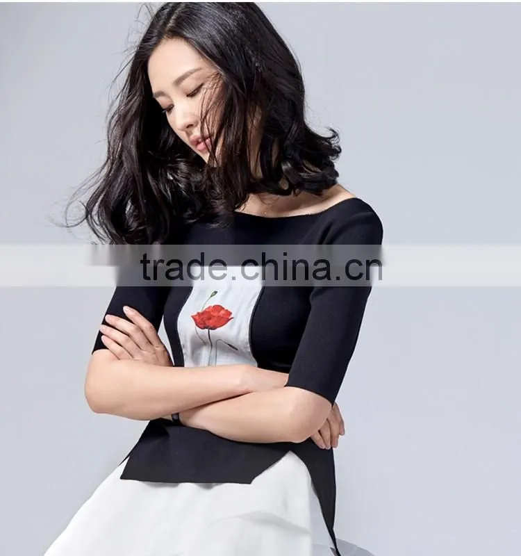 Woman sweater round neck half sleeve spring summer pullover with artwork on front