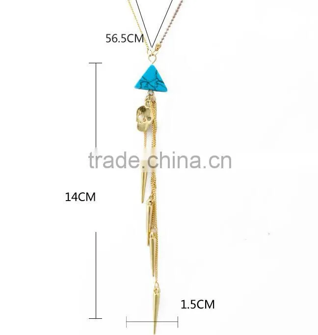 2014 Rivet tassel Turquoise alloy Skull Heads pendant Dainty long tassel necklace set