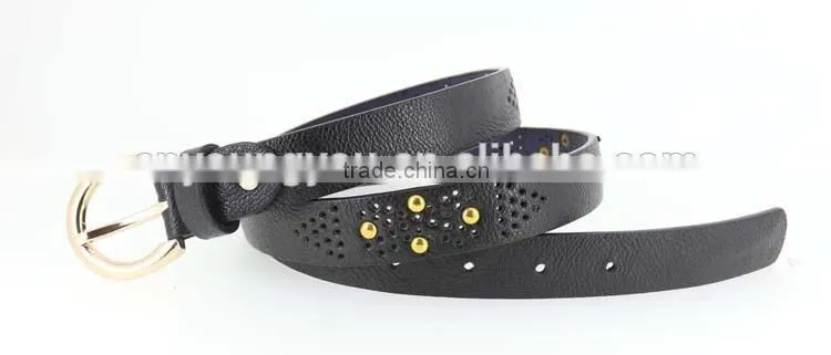 Women's fashion metal studded black leather belt with shiny gold buckles in yiwu