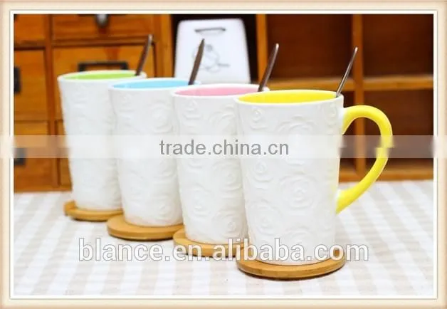 White Coffee Mug Color Interior With Embossed Flower