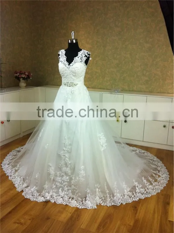 2014 Deep v back muslim bridal wedding dress lace crochet wedding dresses
