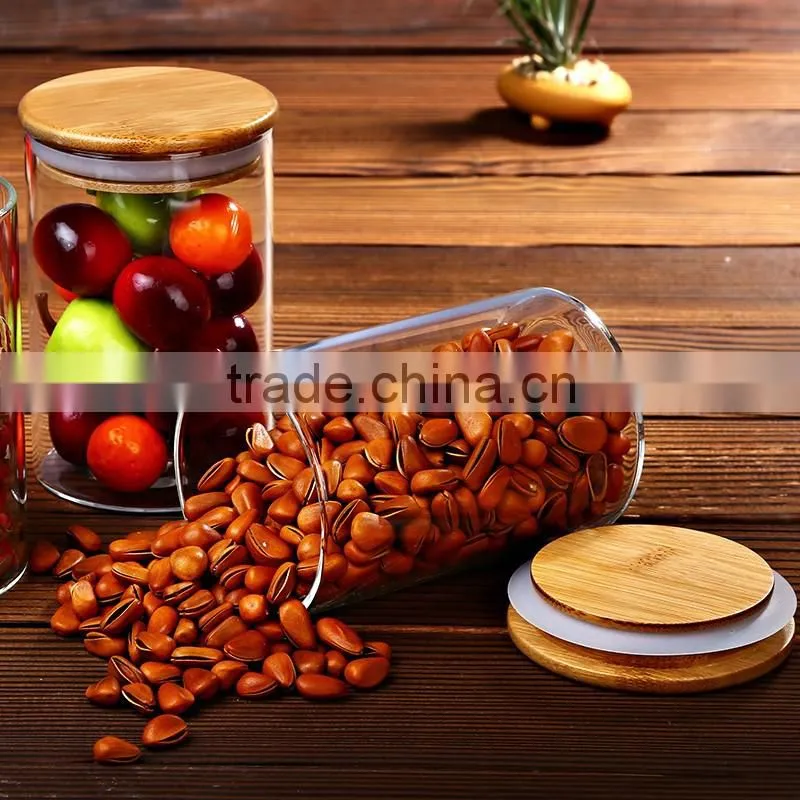 Wholesale heat borosilicate kitchen glass jars with wooden lid QM3370