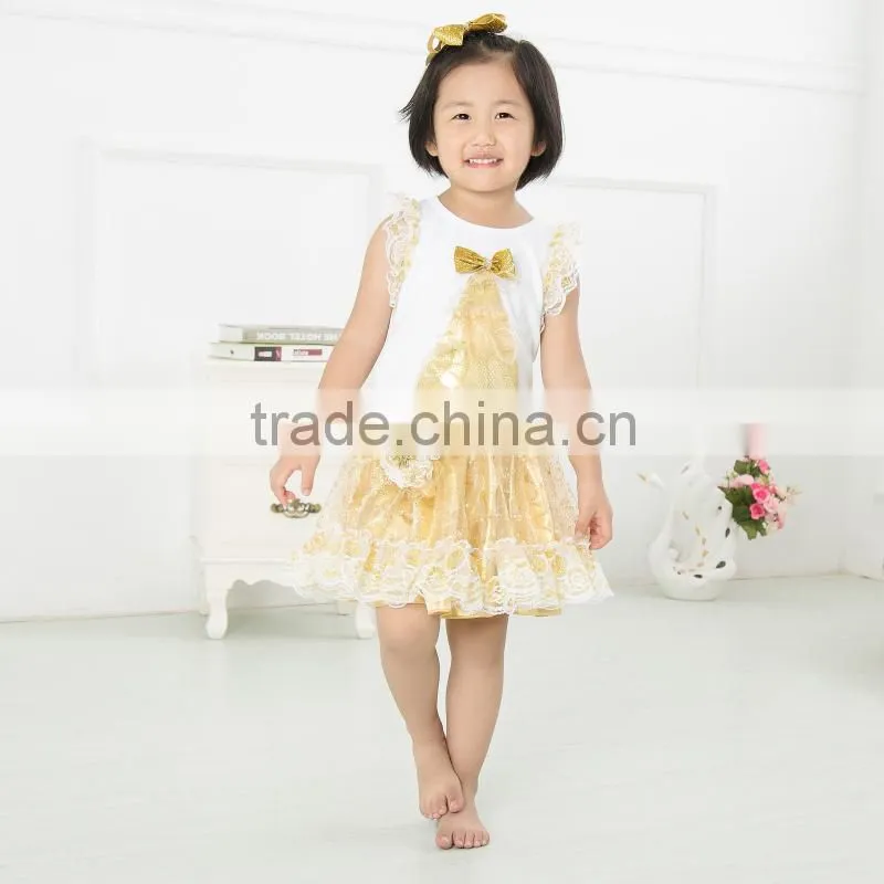 Best selling gold baby dress pictures,girl dresses with bow,children summer flow wholesale lace baby dress
