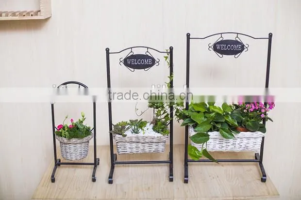 Indoor decor iron stand hanging wicker woven flower basket