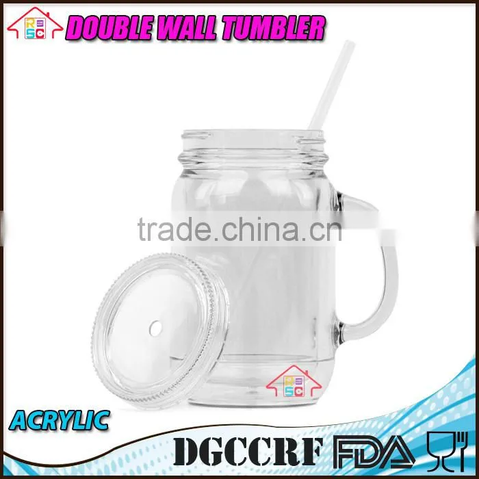 NBRSC Double Wall Insulated Plastic Jar Tumbler Mug with Striped Straws
