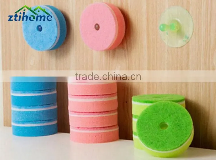 Kitchen Multicolor Double Sided Cleaner Dishwashing Round Sponge Pads with Suction Cup Pack