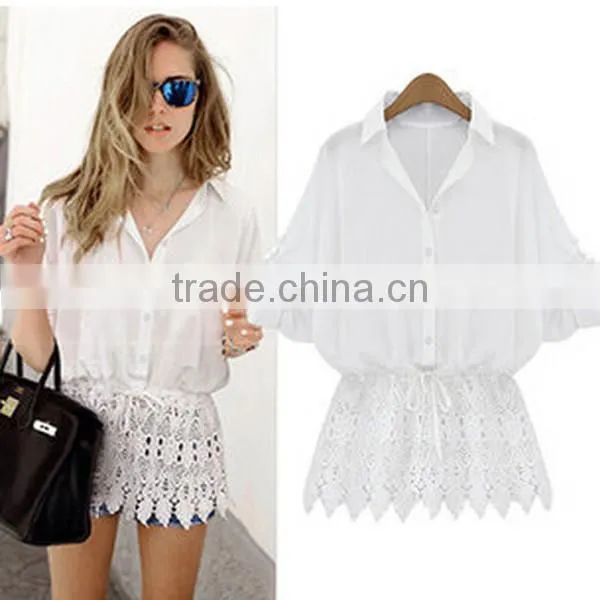2015 Womens Tops Fashion Sexy Lace Hem Stitching Loose Bat Sleeve Chiffon Blouse Long Sleeve Casual Leisure Shirt