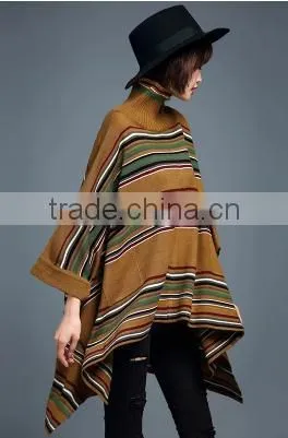 2016 New Fashion Korean Style Mid Long High Collar Women Stripe batwing-sleeved Pullover Sweater