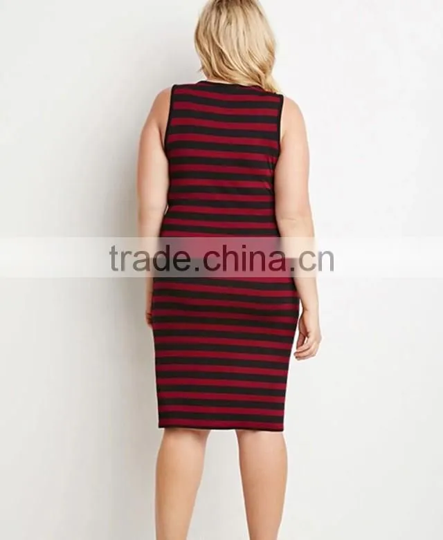 Women plus size spoon neck sleeveless tight cotton knit stripe tank dress