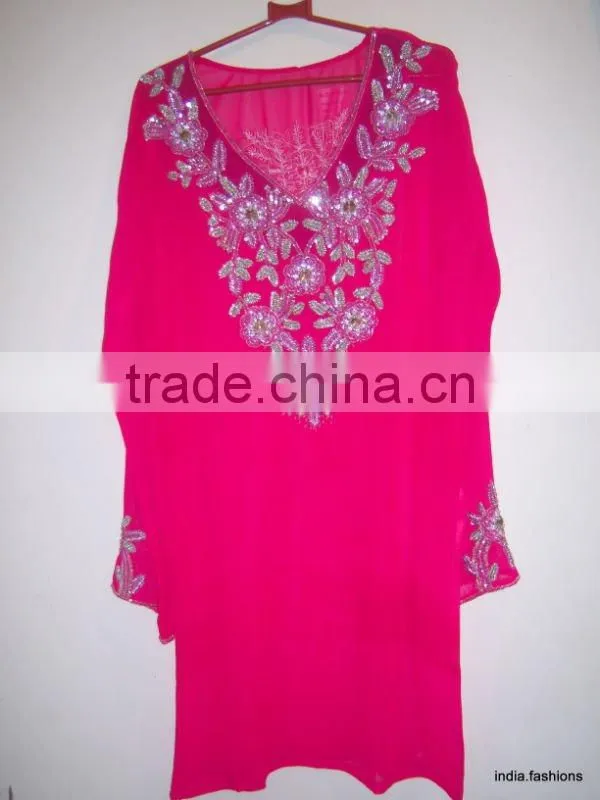 PINK GEORGETTE kurta TUNIC BLOUSE SHIRT Embroidered BOLLYWOOD kaftan cover up