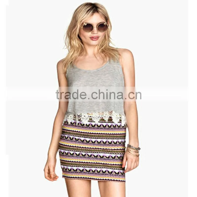 2015 Fashion ladies lace top sleeves gray color cotton tank