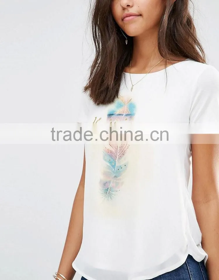 Guangzhou High Quality Sport Casual O-Neck Short Sleeve Curved Hem White 180g 100% Polyester Chiffon Ladies T Shirt