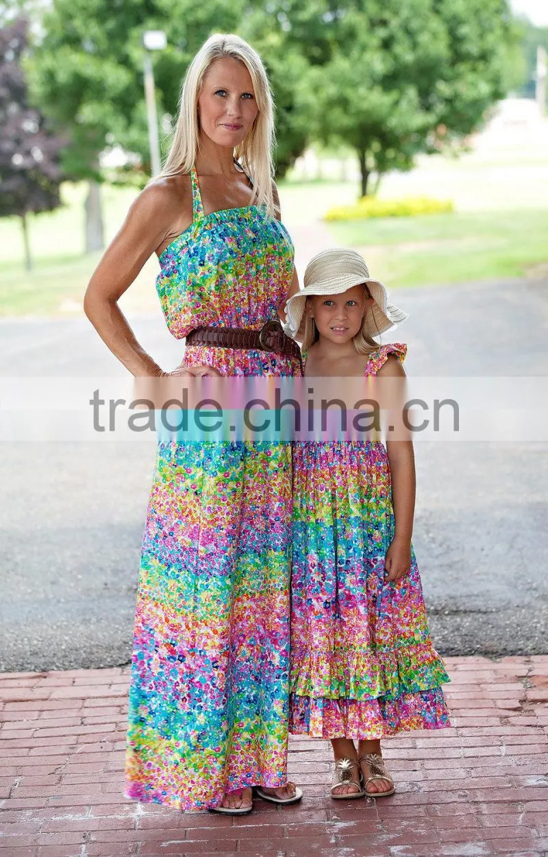 Colorful mommy and daughter matching maxi dress floral print dresses