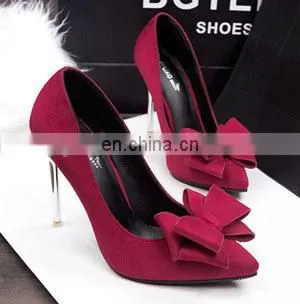 2015 New Office Ladies Red/Green/Black Color Shallow Mouth Bow Pointed Plus Size High Heel Shoes Fashion Suede Heels