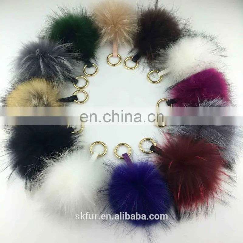 Customized color and size lovely real raccoon fur pom pom ball key chain