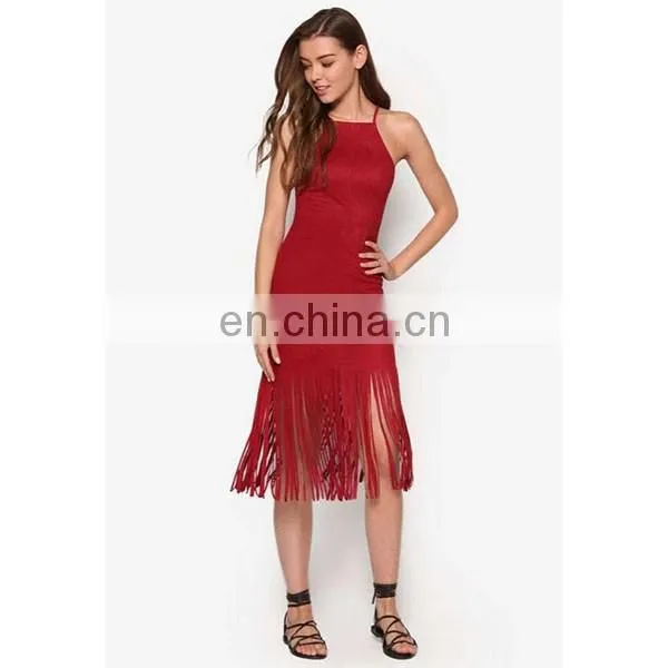 Love Suede Fringe Hem Dress Square neckline Sleeveless Fashion Apparel Women Dresses Sexy