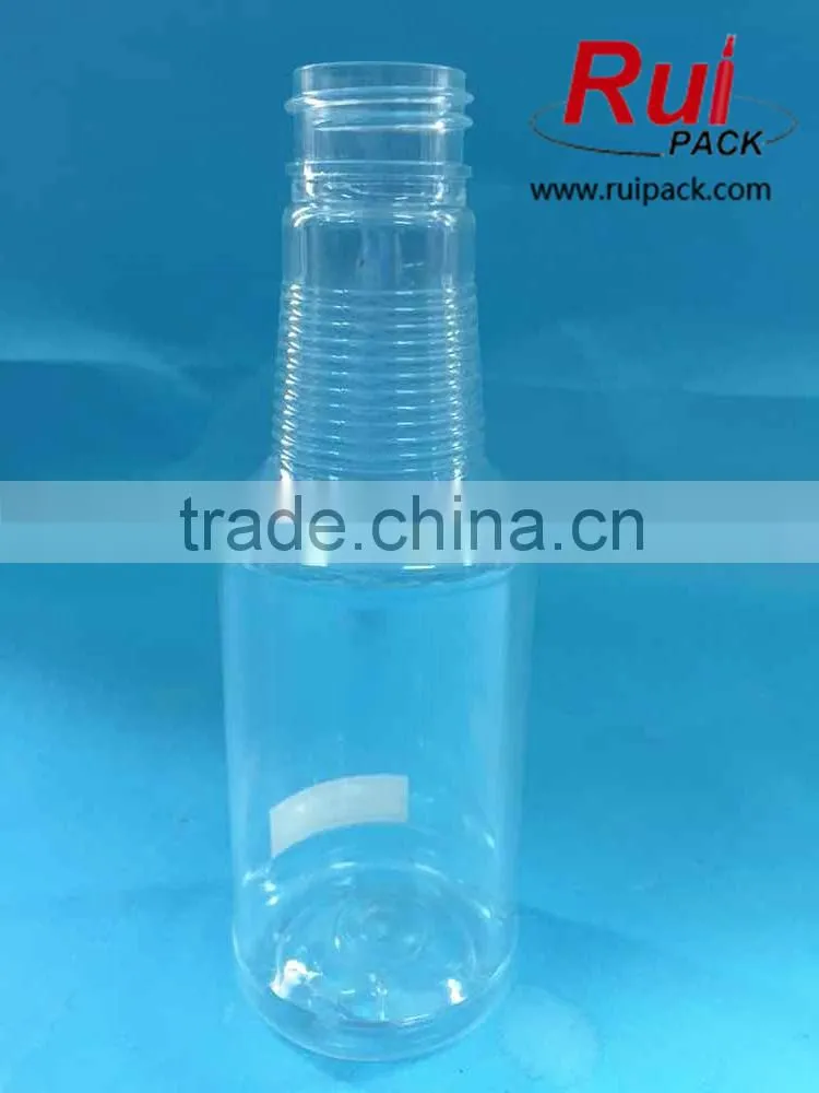 Hot! Long thin plastic PET bottle with aluminum cap for beverage/drink, clear PET juice bottle