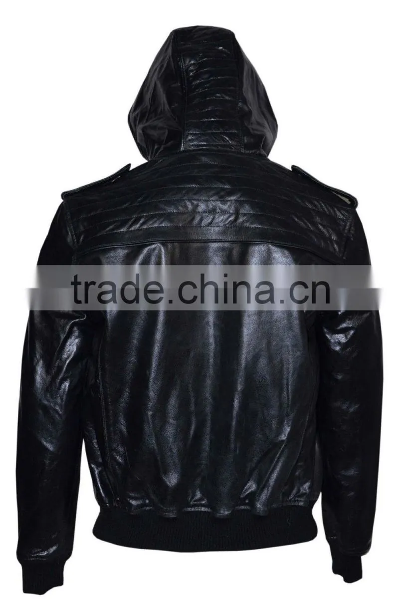 Black hooded leather jacket for men