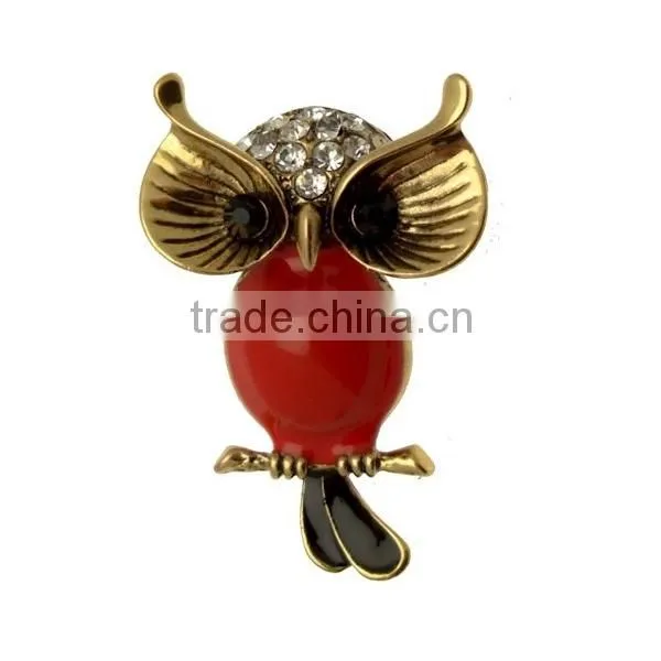 Custom-made Red Enamel & Crystal Antique Gold Tone Vintage Owl Brooch