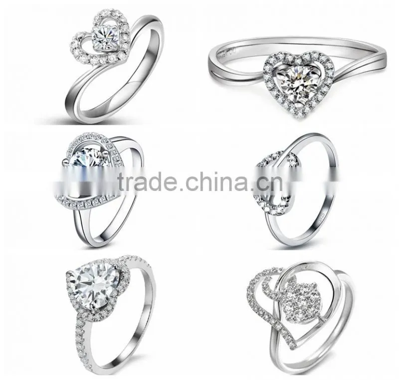 Prong setting heart shape silver diamond wedding ring fashion ring with big stone
