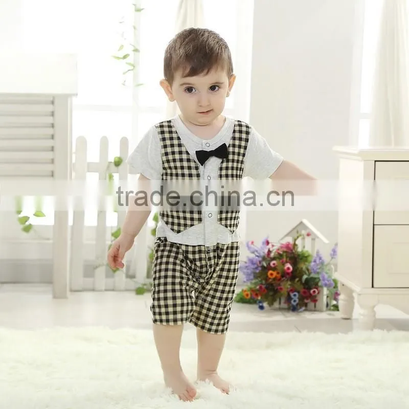 2016 Summer Baby Boy Handsome Modeling Fake Vest Kids Boy Tie Bow Baby Romper Children Boy Junpsuits
